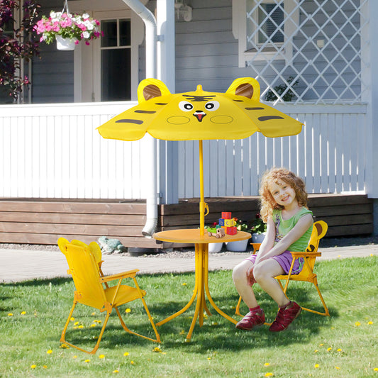 Set de Exterior pentru Copii, 4 Piese cu 2 Scaune Pliabile, Umbrelă de Grădină și Masă Rotundă, Set din Oțel și Țesătură Oxford Galben