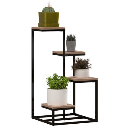Etajeră pentru Plante cu 4 Nivele din Oțel și Lemn, 40x40x75.5 cm, Maro și Negru