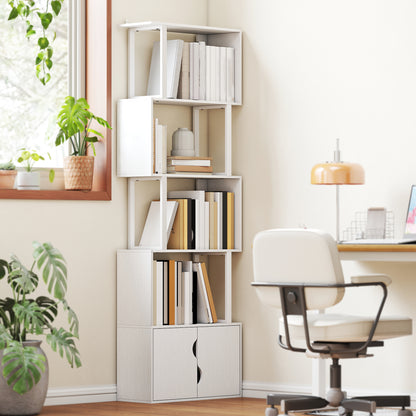 Bibliotecă modernă cu 5 rafturi și dulap cu 2 uși din lemn, 60x23.8x179.2 cm, alb