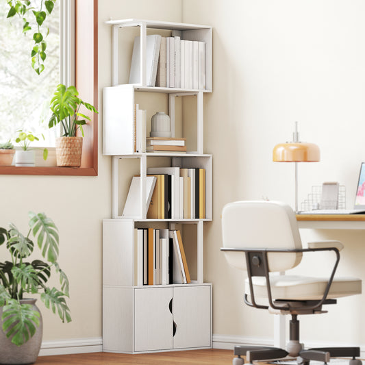 Bibliotecă modernă cu 5 rafturi și dulap cu 2 uși din lemn, 60x23.8x179.2 cm, alb