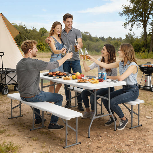 Set Masă de Camping Pliabilă cu 2 Scaune, 180x74x74 cm, Alb