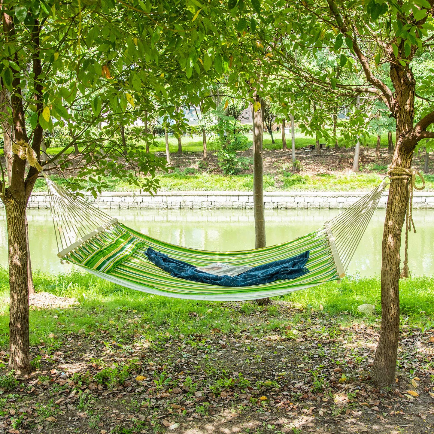 hamac dublu cu perne, 2,84×1,4 m, verde si galben