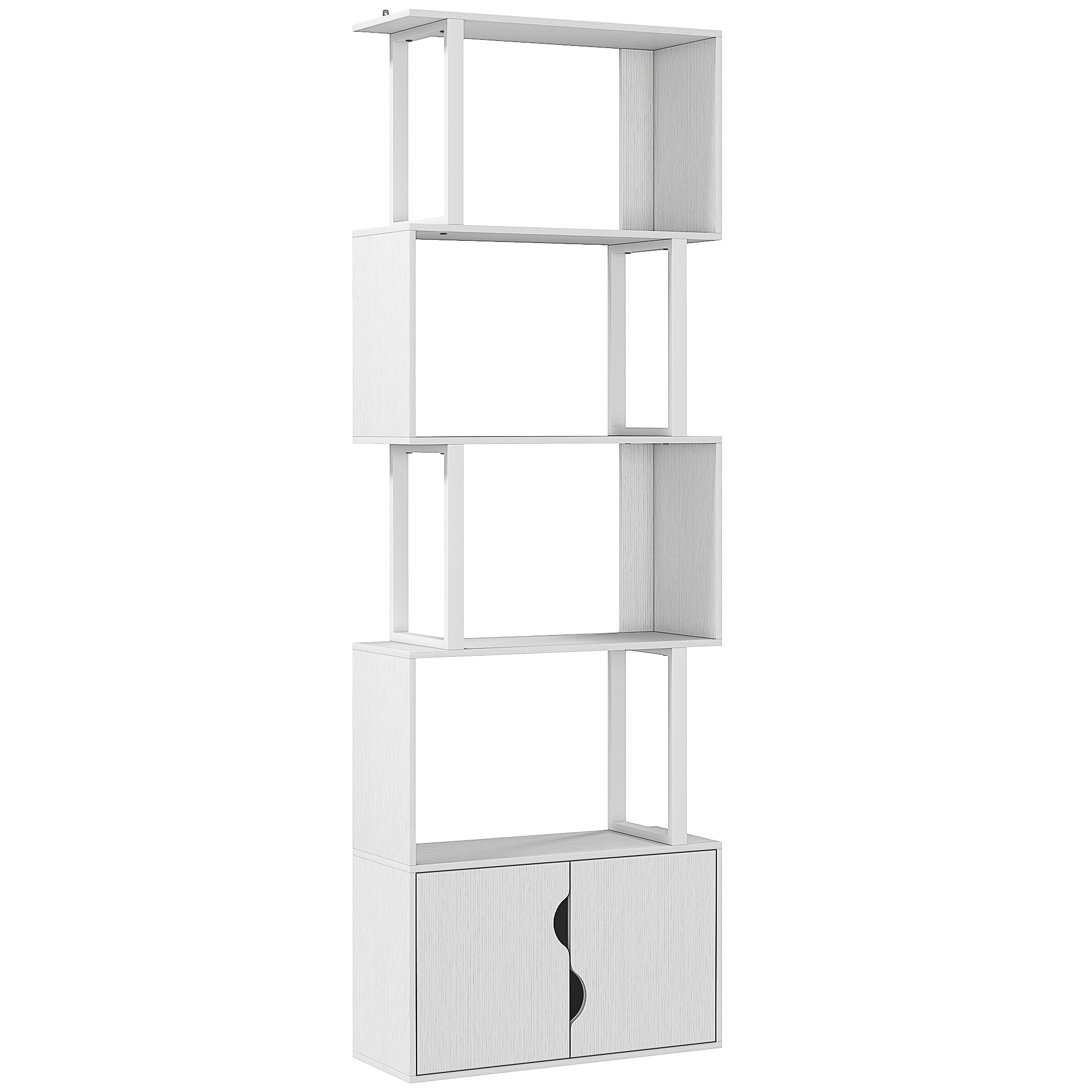 Bibliotecă modernă cu 5 rafturi și dulap cu 2 uși din lemn, 60x23.8x179.2 cm, alb