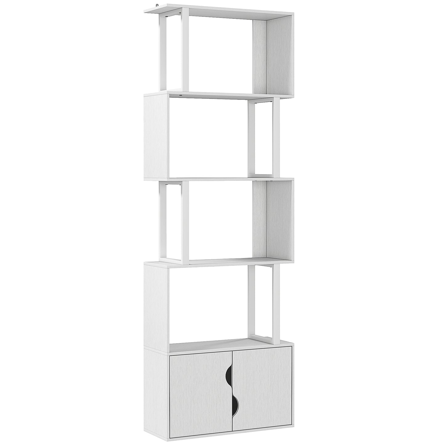 Bibliotecă modernă cu 5 rafturi și dulap cu 2 uși din lemn, 60x23.8x179.2 cm, alb