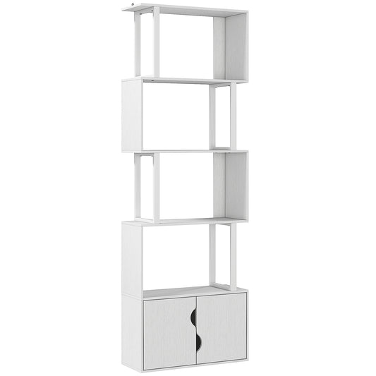 Bibliotecă modernă cu 5 rafturi și dulap cu 2 uși din lemn, 60x23.8x179.2 cm, alb