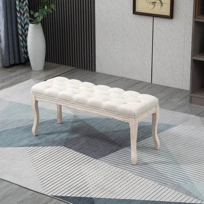 Bancă Vintage pentru Capătul Patului cu Șezut Tapițat din Material Textil și Picioare din Lemn, 110x40x48cm, Bej