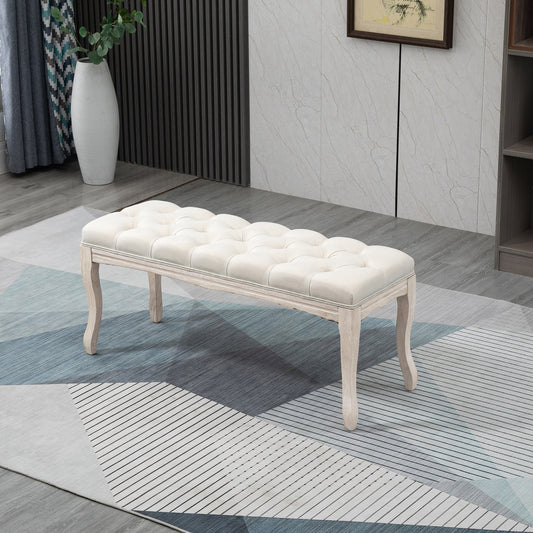 Bancă Vintage pentru Capătul Patului cu Șezut Tapițat din Material Textil și Picioare din Lemn, 110x40x48cm, Bej
