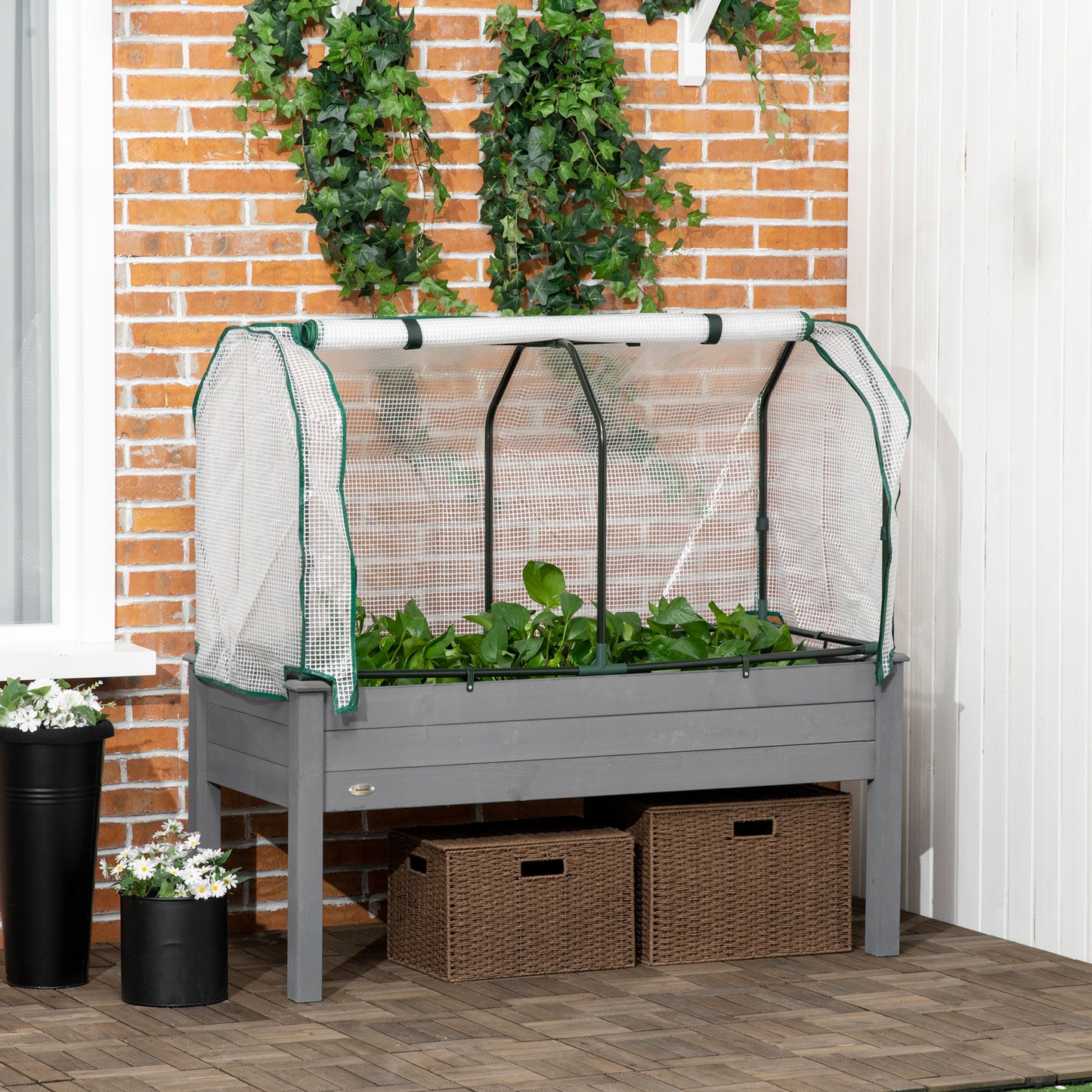 Pat pentru Grădină Ridicat cu Acoperiș din PE, Jardinieră Ridicată din Brad cu 4 Găuri de Drenaj, pentru Flori și Legume, pentru Grădină, Balcon, 121x55x117 cm, Gri Închis