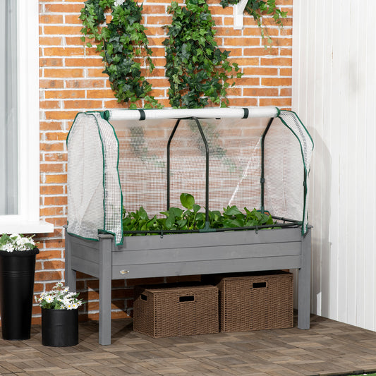 Pat pentru Grădină Ridicat cu Acoperiș din PE, Jardinieră Ridicată din Brad cu 4 Găuri de Drenaj, pentru Flori și Legume, pentru Grădină, Balcon, 121x55x117 cm, Gri Închis