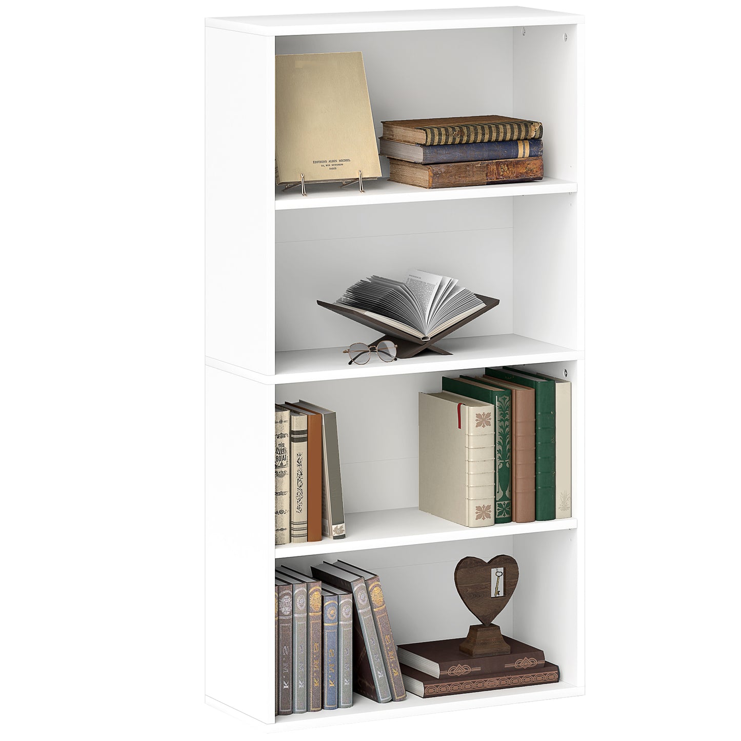 Bibliotecă cu 4 Rafturi și 2 Rafturi Flexibile, din Lemn, 60x24x115.5 cm, Alb