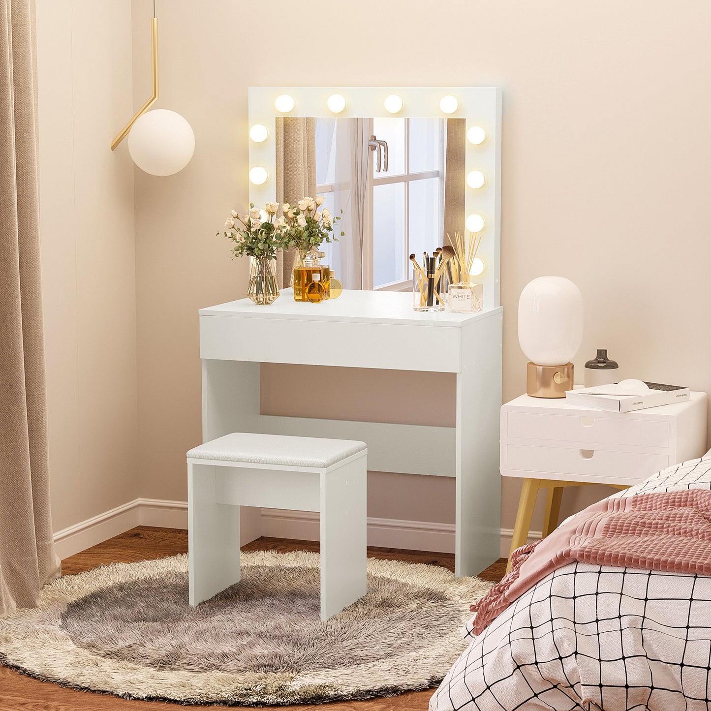 Masa Machiaj cu Oglindă LED 12 Lumini, Set cu Scaun Tapitat și Sertar Spațios, Mobilier pentru Dormitor, 80x40x140 cm, Alb