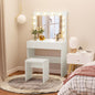 Masa Machiaj cu Oglindă LED 12 Lumini, Set cu Scaun Tapitat și Sertar Spațios, Mobilier pentru Dormitor, 80x40x140 cm, Alb