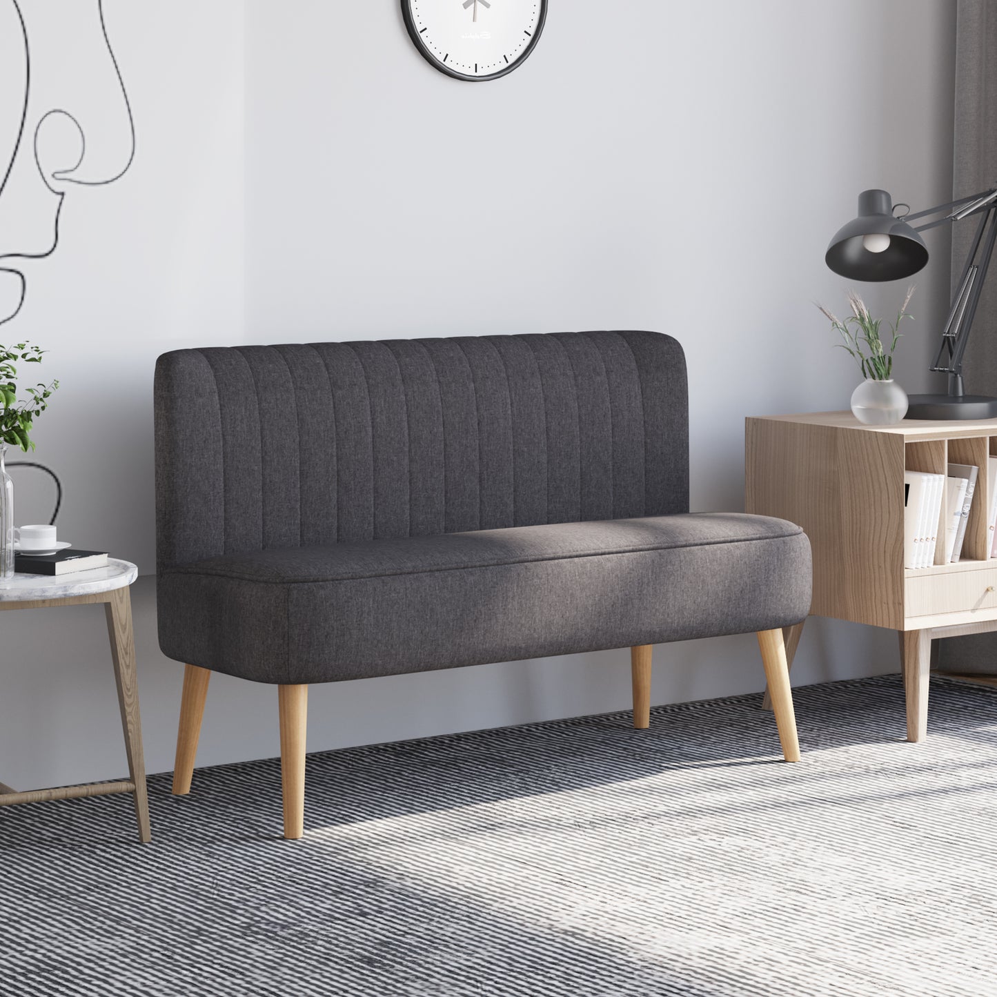 , Canapea cu Două Locuri, Loveseat, Material textil cu efect de in, 117 x 56.5 x 77 cm, Gri Închis