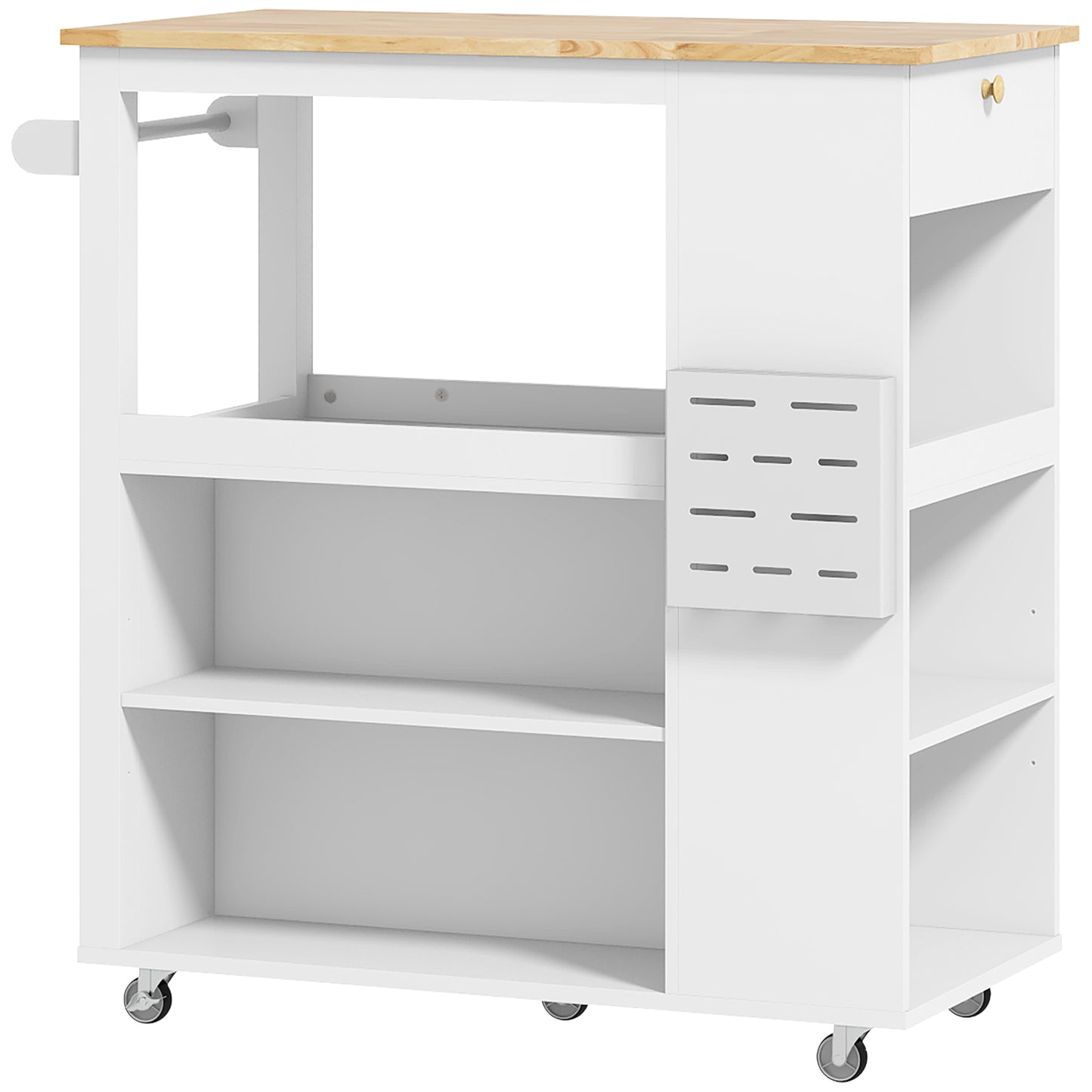 Cărucior Insulă de Bucătărie cu Rafturi Reglabile, Suport pentru Cuțite și Blat din Lemn, 86.5x47x88 cm, Alb