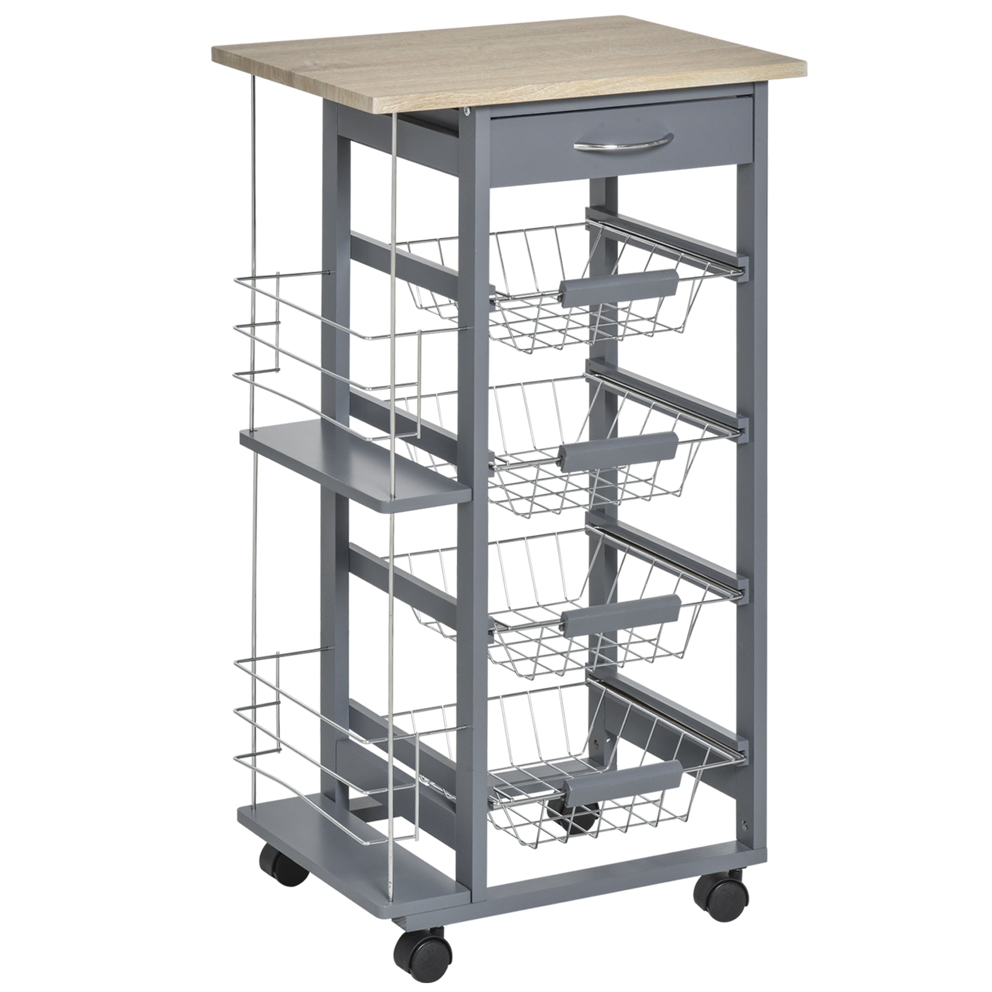 Carucior de Bucatarie, Gri Inchis, 1 Sertar si 4 Cosuri Metalice, 47x37x83cm