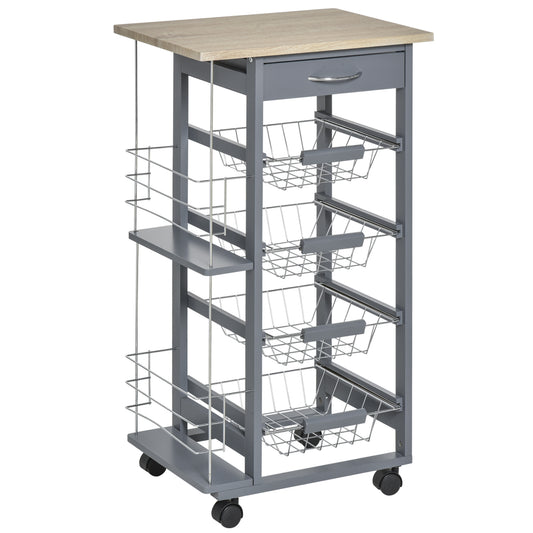 Carucior de Bucatarie, Gri Inchis, 1 Sertar si 4 Cosuri Metalice, 47x37x83cm