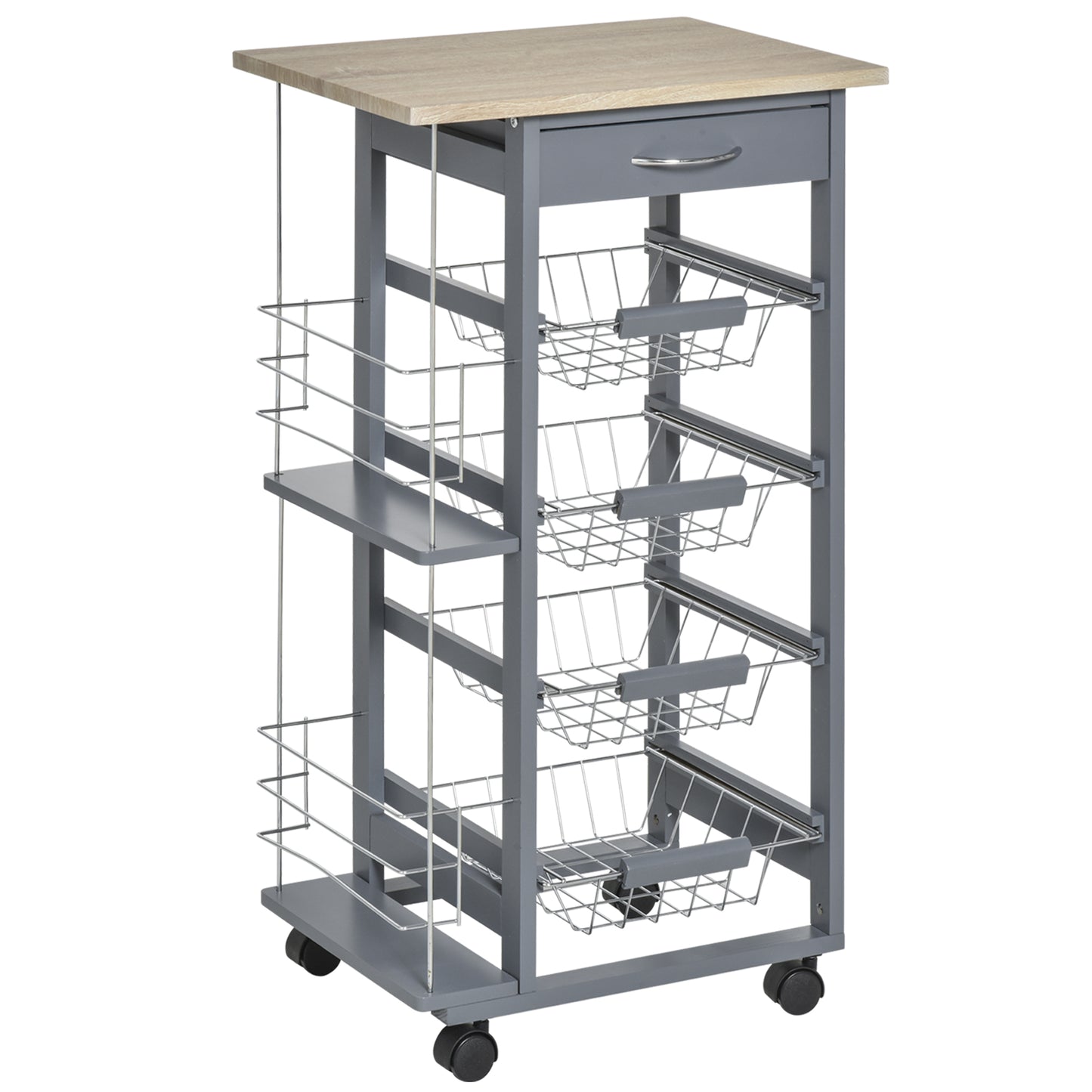 Carucior de Bucatarie, Gri Inchis, 1 Sertar si 4 Cosuri Metalice, 47x37x83cm