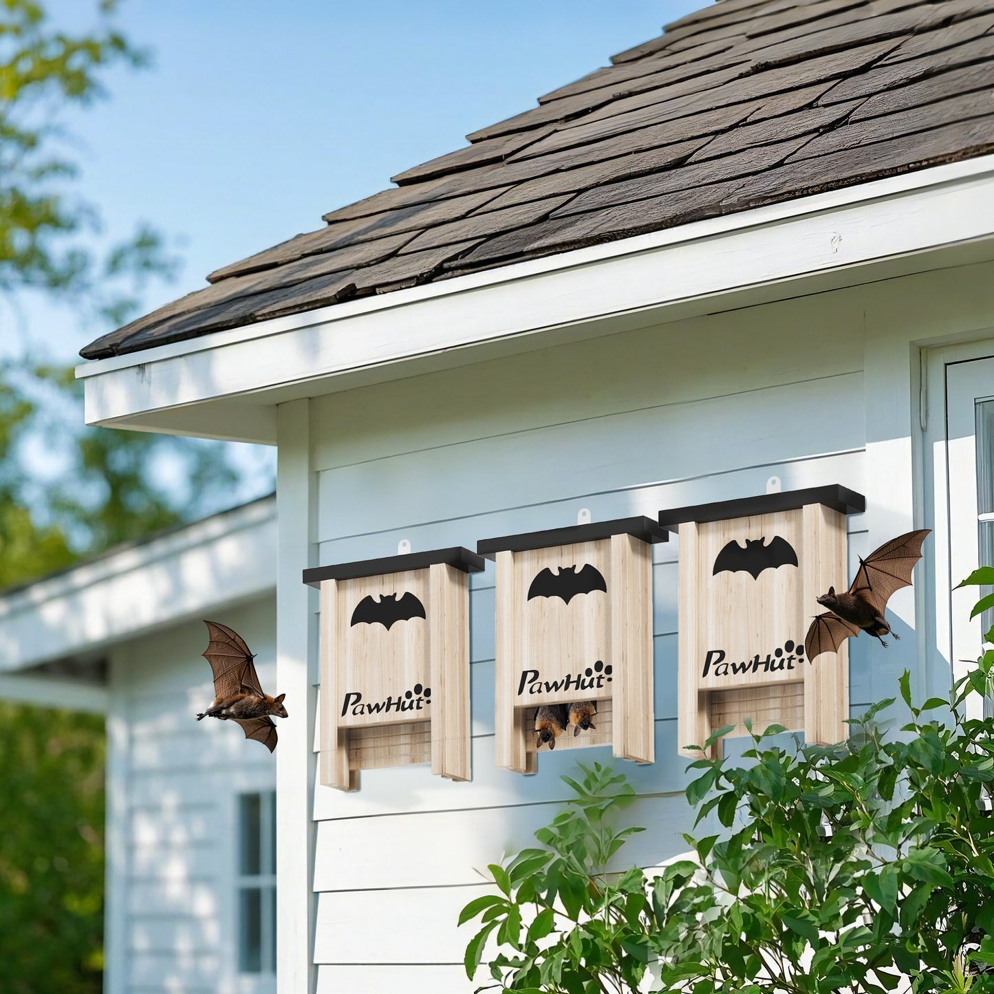 Set de 3 Căsuțe pentru Lilieci Bat Box din Lemn de Brad, 18x6x22,5 cm, Culoare Naturală