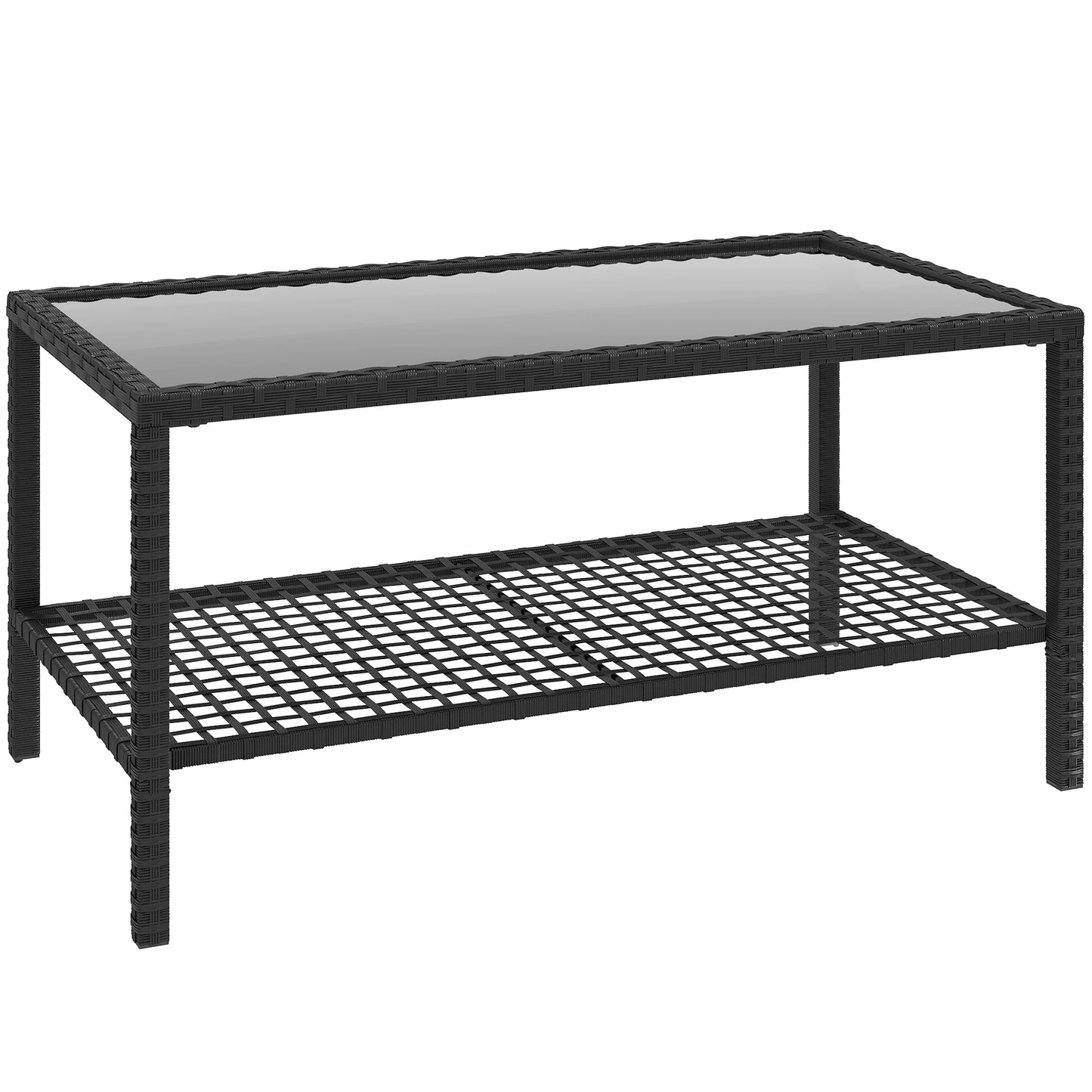 Măsuță de Cafea din Ratan pe 2 Niveluri cu Raft, Blat din Sticlă Securizată, Măsuță de Exterior cu Cadru din Oțel, 92x50x45 cm, Negru
