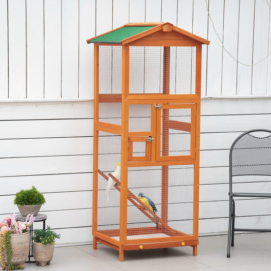 Cotet pentru Păsări Exterior din Lemn cu 2 Uși și Tava Extensibilă 68×63×165 cm