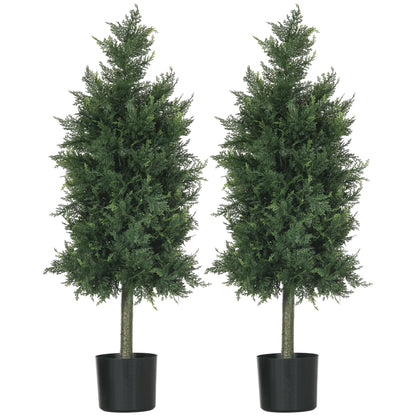 Set 2 Plante Artificiale de Cedru din PE cu Ghiveci din Plastic PP, din Oțel și Ciment, 38x12,5x90 cm, Verde