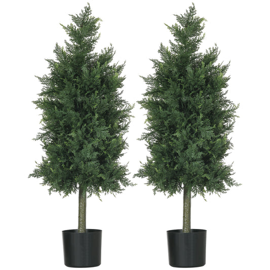Set 2 Plante Artificiale de Cedru din PE cu Ghiveci din Plastic PP, din Oțel și Ciment, 38x12,5x90 cm, Verde