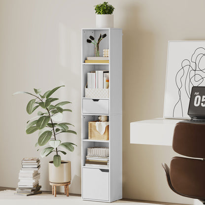 Bibliotecă înaltă cu 6 Nivele, Raft îngust cu Sertar și Ușă - Alb