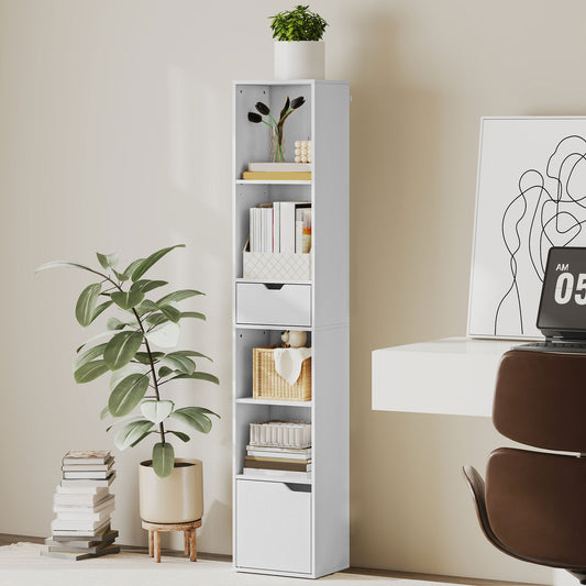 Bibliotecă înaltă cu 6 Nivele, Raft îngust cu Sertar și Ușă - Alb