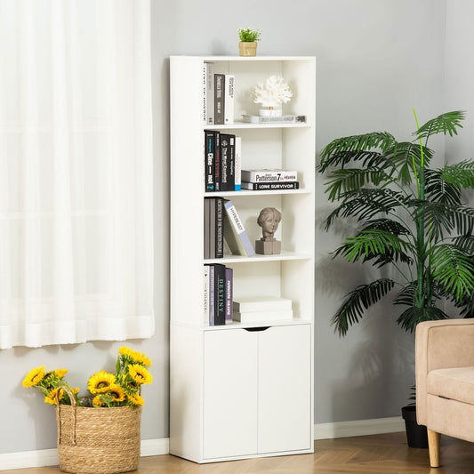 Bibliotecă Modernă cu 4 Rafturi și Dulăpior cu 2 Uși, Etajeră Verticală din Lemn pentru Cărți și Depozitare, 59x29x180 cm, Albă