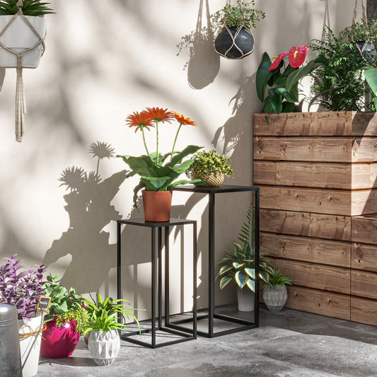 Set 2 suporturi pentru plante din oțel pentru interior și exterior, 25x25x58,5 cm și 31x31x65 cm, negru