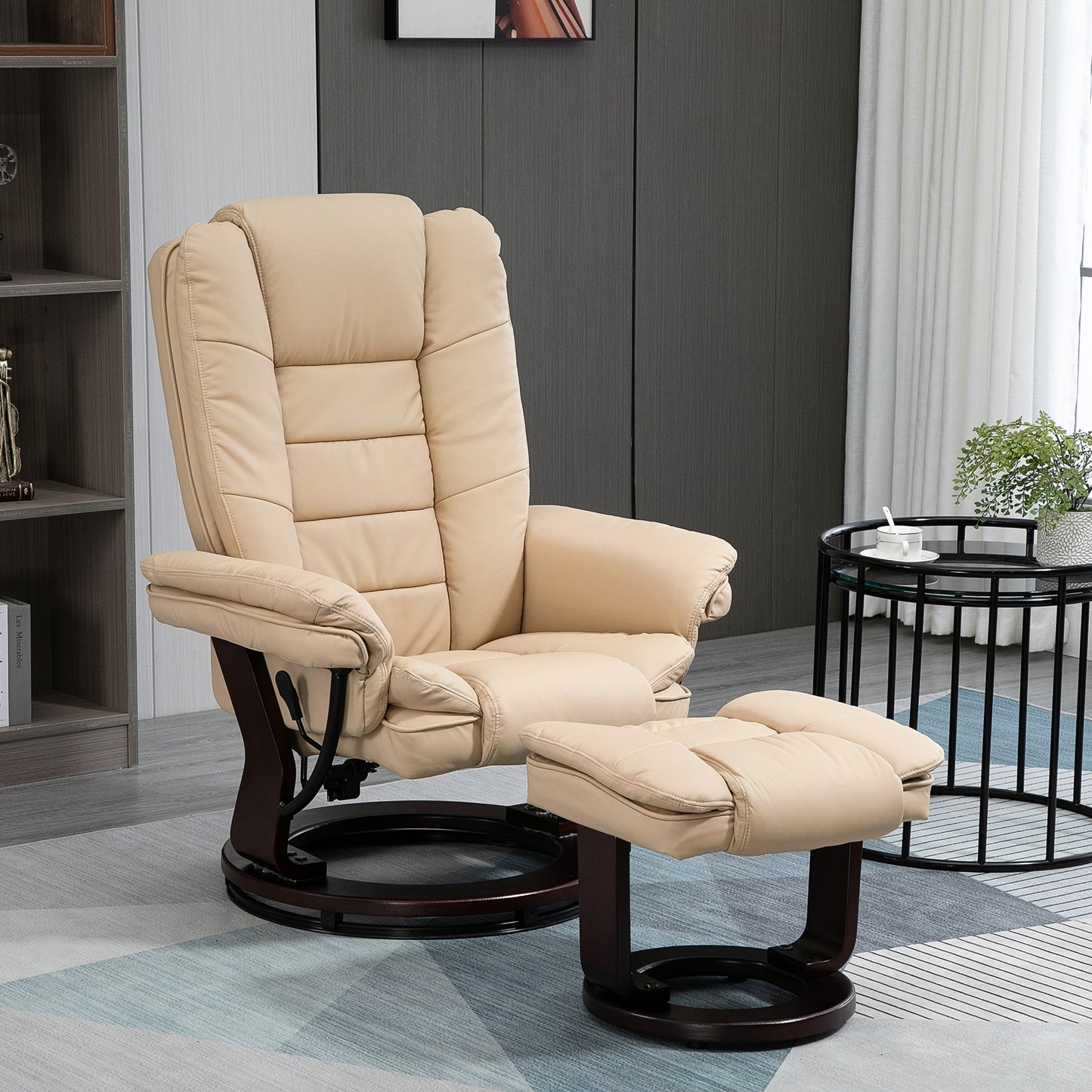 Set Fotoliu Relax Reclinabil și Taburet, Fotoliu Pivotant la 360° din Piele Ecologică PU cu Suport pentru Picioare, Bej