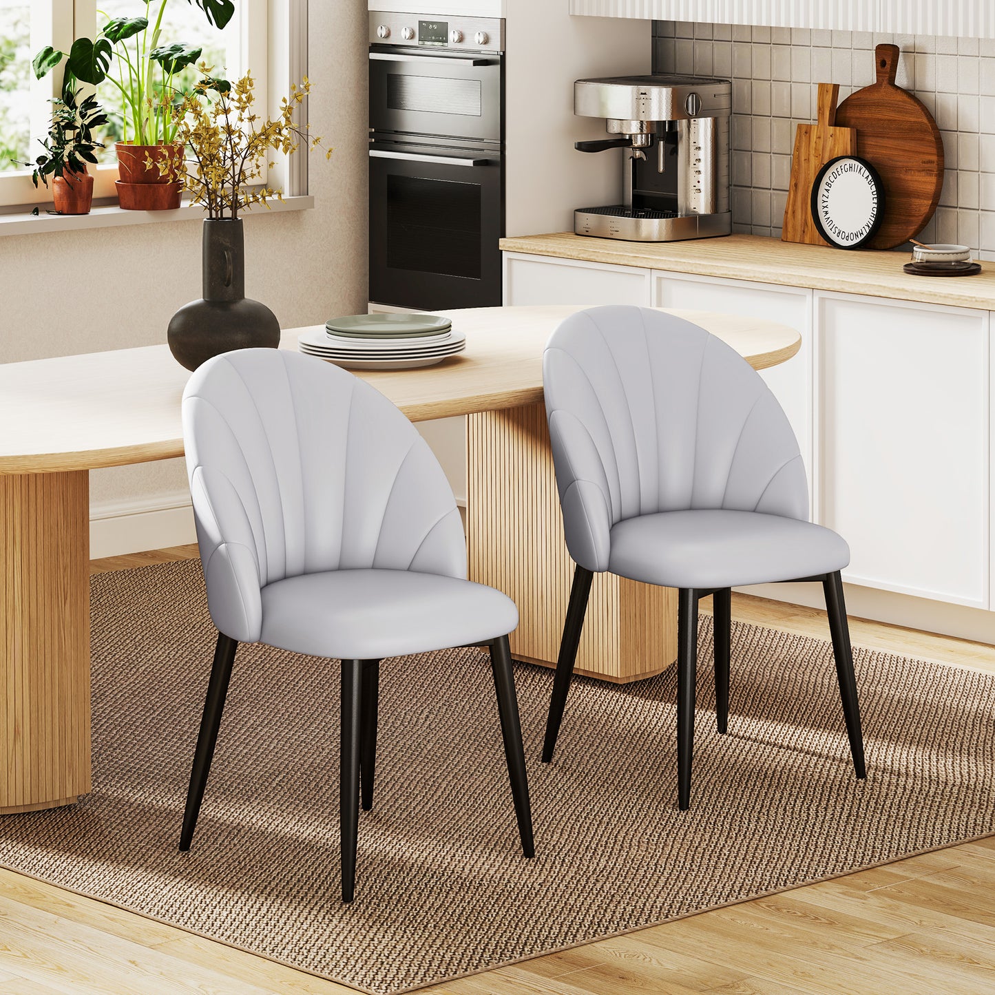 Set de 2 Scaune de Dining din Piele PU cu Picioare Metalice și Spătar în Formă de Scoică, Gri Deschis