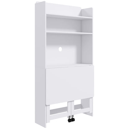 Birou Pliabil cu Bibliotecă cu 4 Rafturi, 2 Roți și Orificiu pentru Cabluri, 80x69x155 cm, Alb