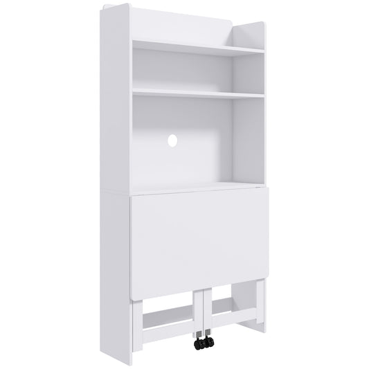 Birou Pliabil cu Bibliotecă cu 4 Rafturi, 2 Roți și Orificiu pentru Cabluri, 80x69x155 cm, Alb
