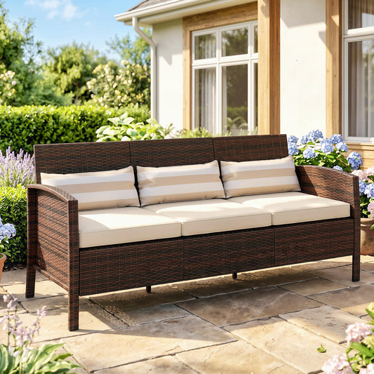 Canapea de exterior cu 3 locuri, din ratan PE, cu perne confortabile și detașabile, 173x68x78 cm, maro