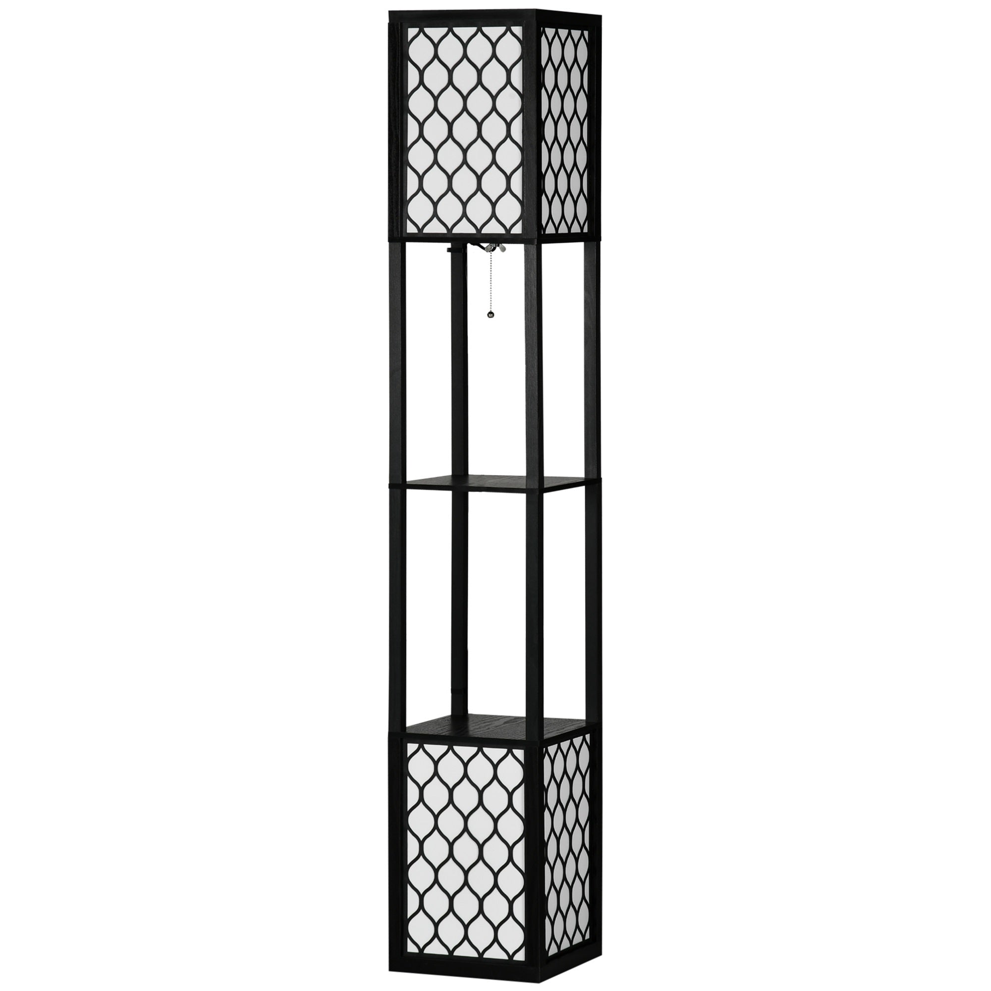 Lampa de podea coloana din MDF si plastic PP cu 2 rafturi, pentru camera de zi, studiu si dormitor, 26x26x156cm, alb si negru