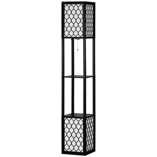 Lampa de podea coloana din MDF si plastic PP cu 2 rafturi, pentru camera de zi, studiu si dormitor, 26x26x156cm, alb si negru