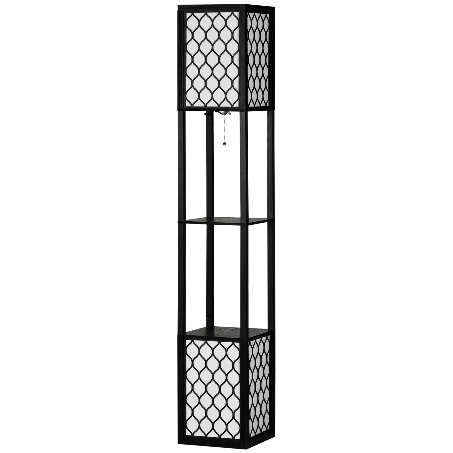 Lampa de podea coloana din MDF si plastic PP cu 2 rafturi, pentru camera de zi, studiu si dormitor, 26x26x156cm, alb si negru