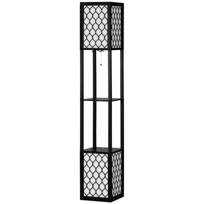 Lampa de podea coloana din MDF si plastic PP cu 2 rafturi, pentru camera de zi, studiu si dormitor, 26x26x156cm, alb si negru