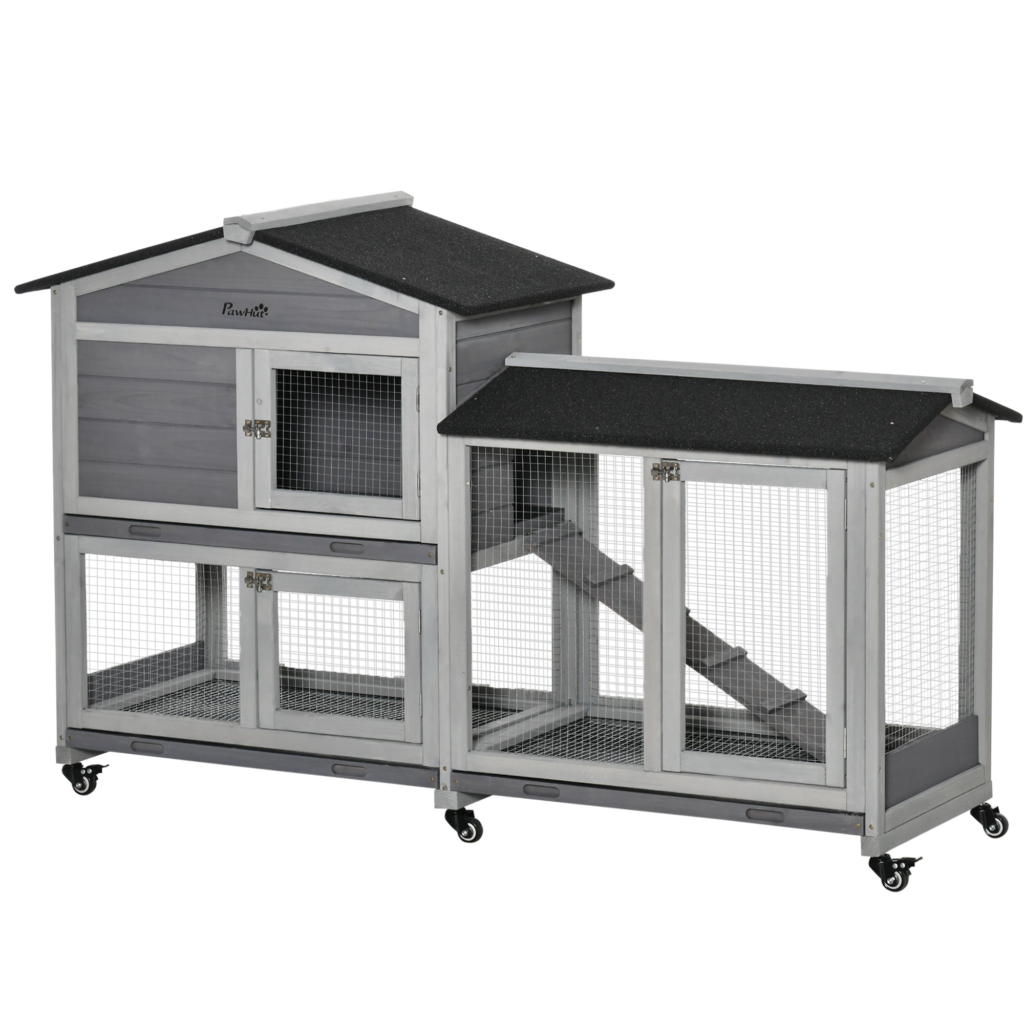 Cușcă pe 2 Nivele cu Plasă Protectoare și Roți din Lemn și Metal, 157.4x53x99.5 cm, Gri