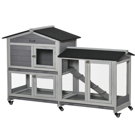 Cușcă pe 2 Nivele cu Plasă Protectoare și Roți din Lemn și Metal, 157.4x53x99.5 cm, Gri