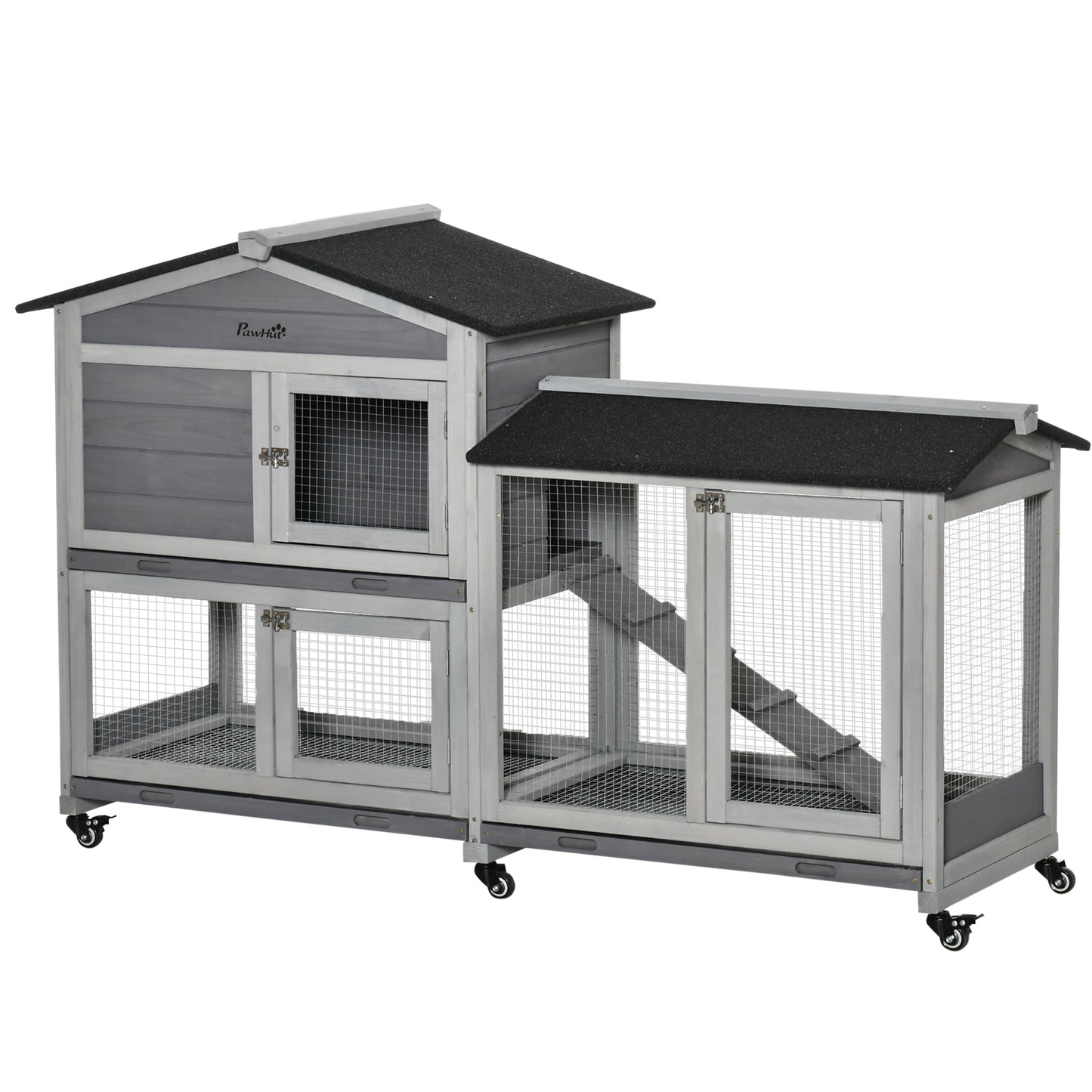 Cușcă pe 2 Nivele cu Plasă Protectoare și Roți din Lemn și Metal, 157.4x53x99.5 cm, Gri
