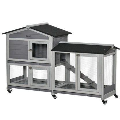 Cușcă pe 2 Nivele cu Plasă Protectoare și Roți din Lemn și Metal, 157.4x53x99.5 cm, Gri