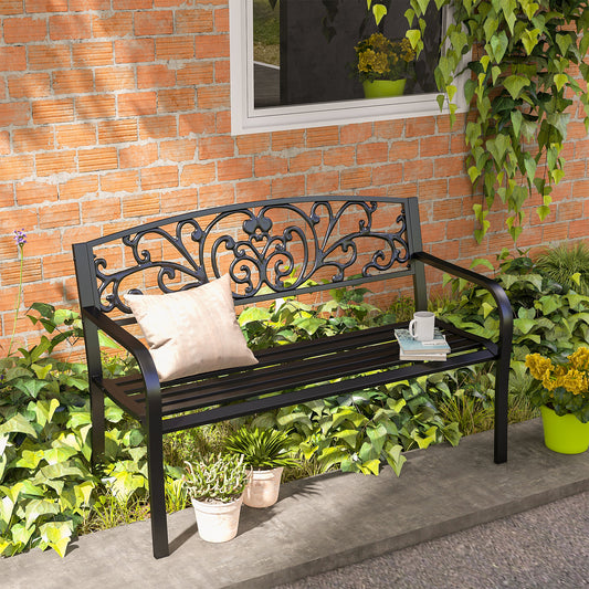 Banca de gradina din metal cu spătar decorat, 127x60x87cm – negru