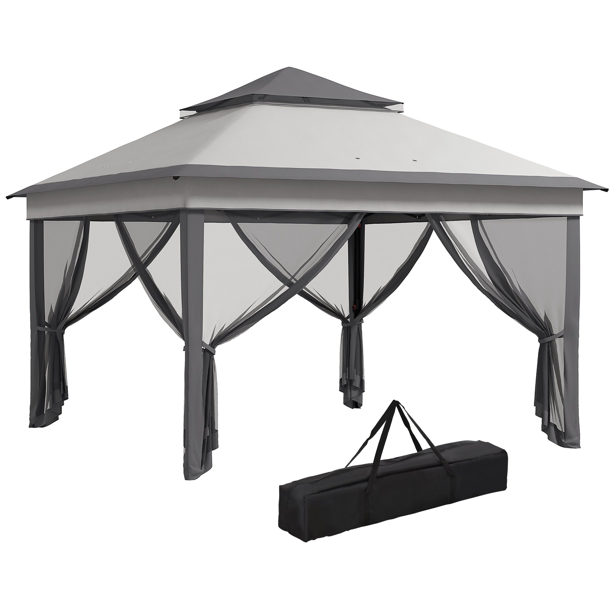 Gazebo  cu Plase Reglabil pe 3 Nivele, din Oțel și Material Oxford, 326x326x272 cm, Gri Deschis și Închis