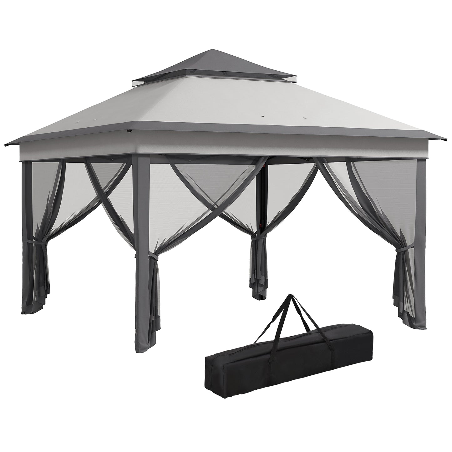 Gazebo  cu Plase Reglabil pe 3 Nivele, din Oțel și Material Oxford, 326x326x272 cm, Gri Deschis și Închis