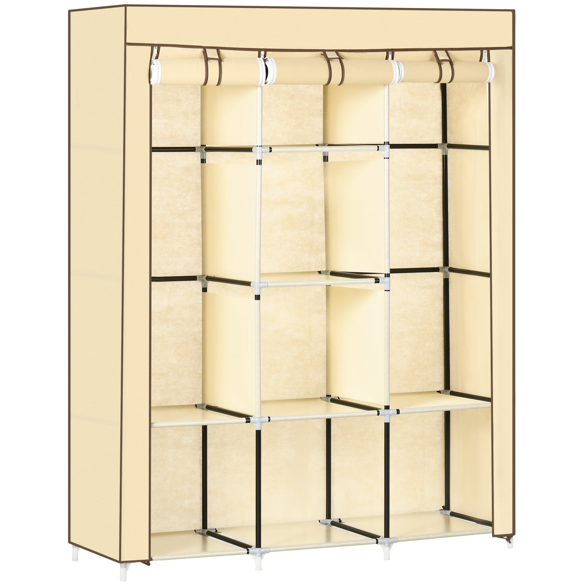Dulap din stofa cu 8 rafturi si 2 bare, dulap portabil cu usa rulanta, 125x43x162,5 cm, bej