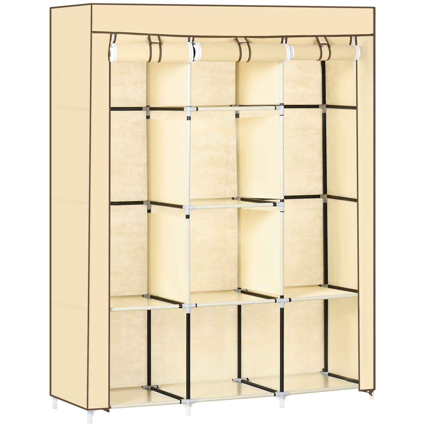 Dulap din stofa cu 8 rafturi si 2 bare, dulap portabil cu usa rulanta, 125x43x162,5 cm, bej