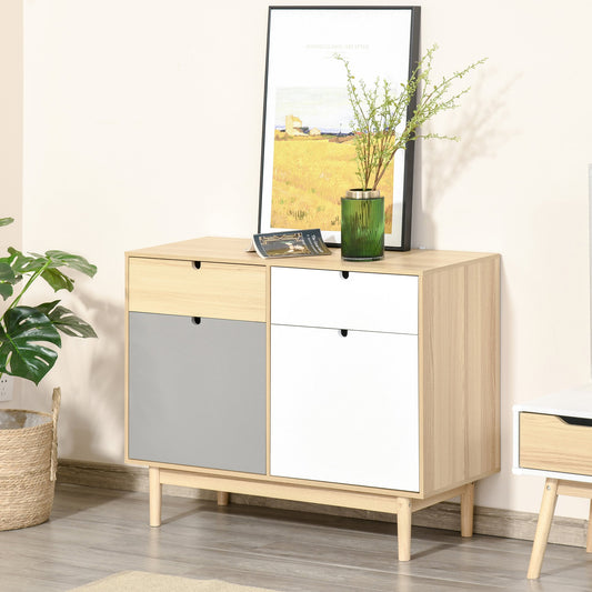 Comodă în Stil Nordic, Bufet pentru Living și Bucătărie cu 2 Uși și Sertare, Cabinet de Depozitare din Lemn, 100x40x79.5cm