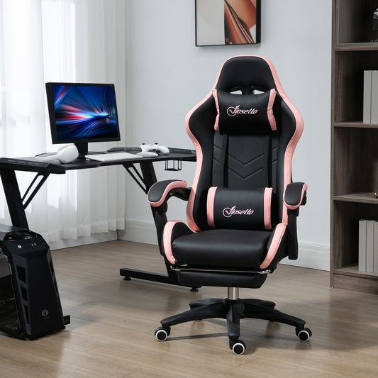 Scaun de gaming din piele ecologica PU si otel pentru dormitor sau camera de zi cu inaltime reglabila si spatar inclinabil, 65x65x121-129 cm, roz si negru